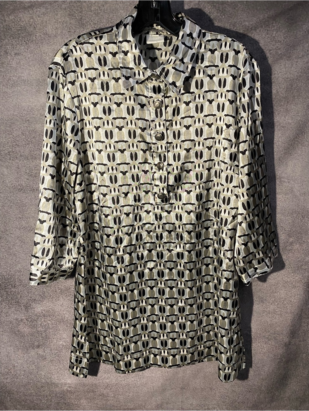 FDJ French Dressing Silver Black Chain Geometric Satin Tunic Top Sz 12
